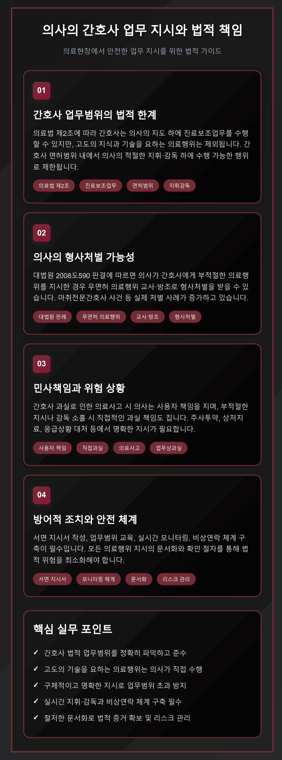 의료진 협업에서 의사의 법적 책임과 간호사 업무 위임 시 주의사항을 정리한 인포그래픽