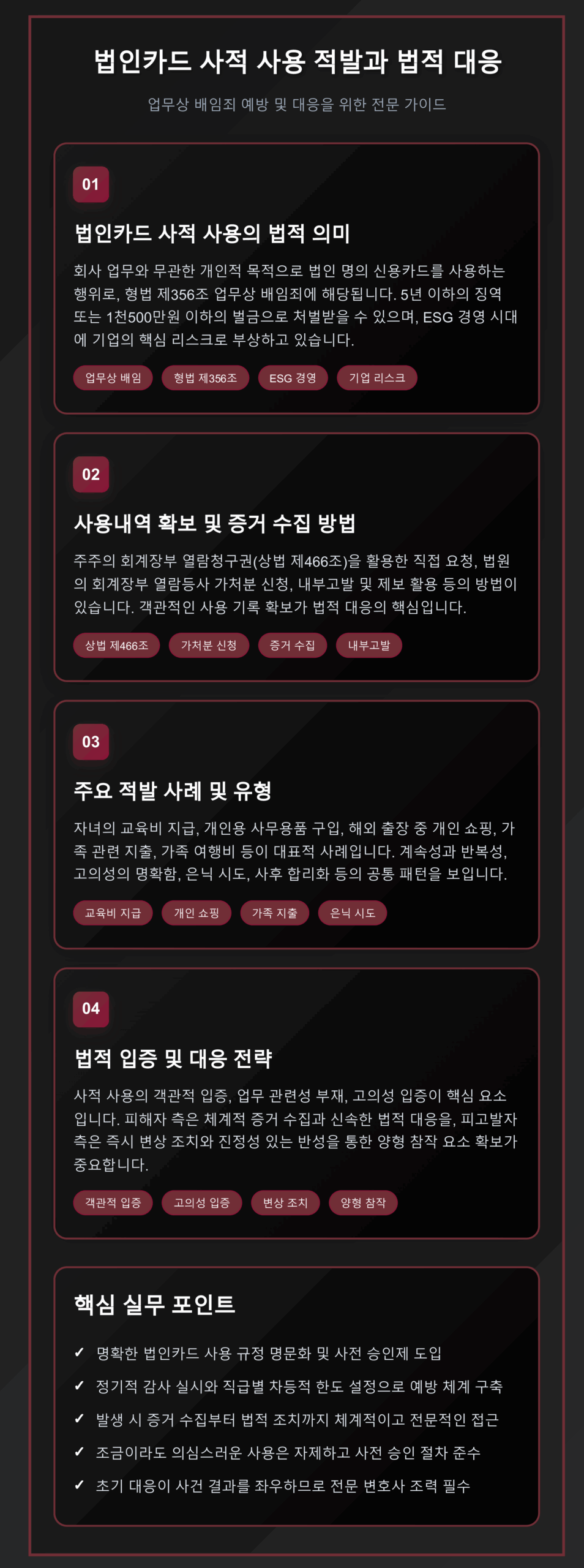 법인카드 개인 사용으로 인한 업무상 배임죄의 법적 구조, 증거 확보 방법, 주요 적발 사례, 대응 전략을 단계별로 설명하는 인포그래픽