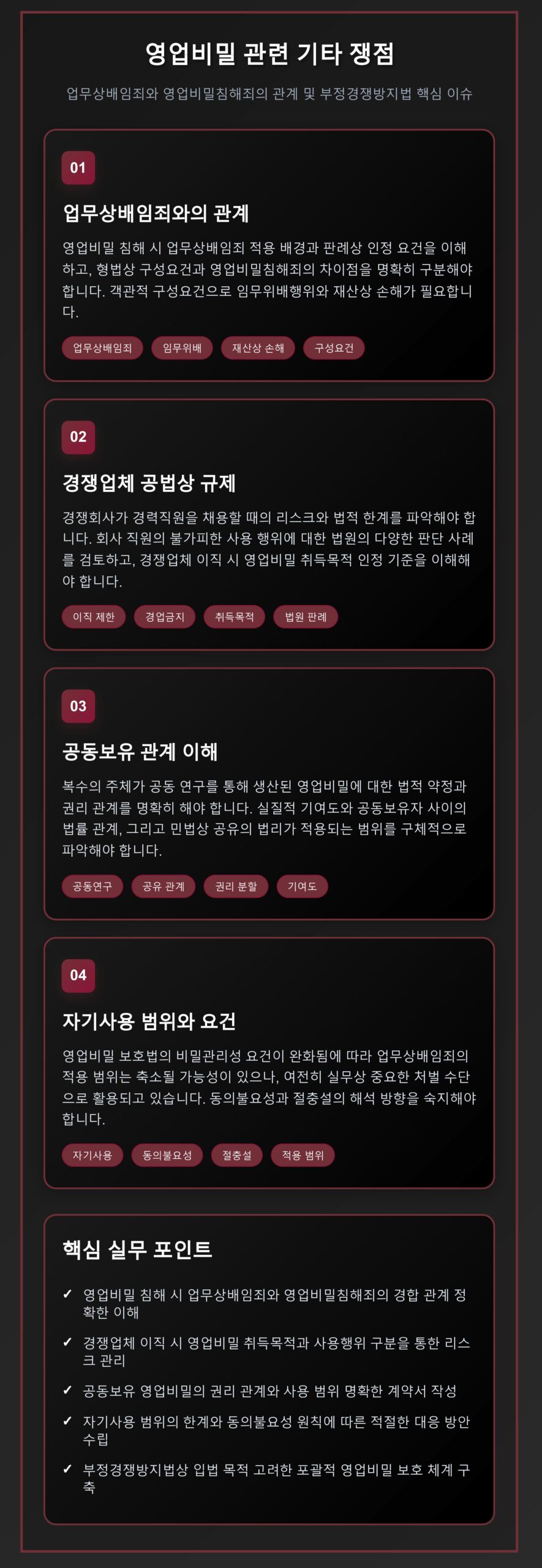 영업비밀 관련 핵심 법적 쟁점 - 업무상배임죄 적용, 경쟁업체 공범 검토, 공동보유 관계, 자기사용권 범위 등 실무 핵심 법적 이슈 체계적 가이드