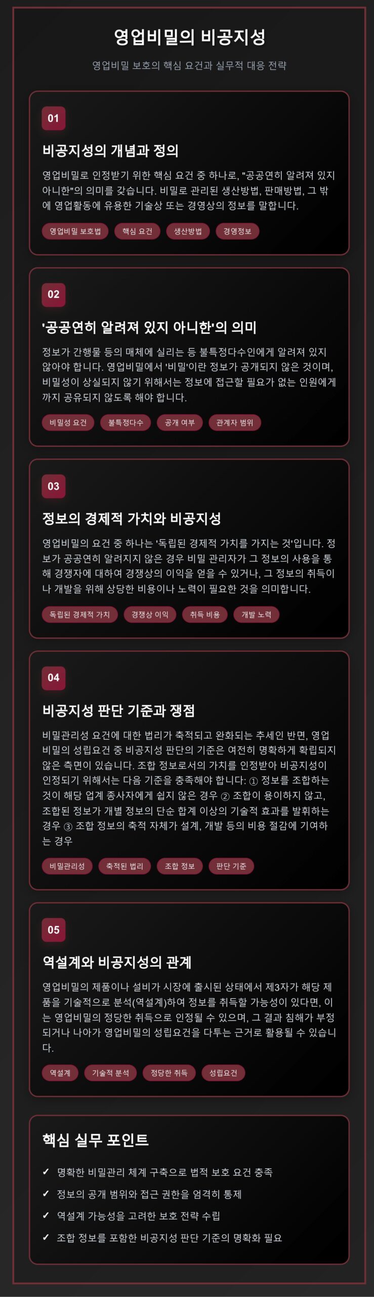 영업비밀의 비공지성 개념과 정의, 공공연히 알려져 있지 아니한의 의미, 경제적 가치와의 관계, 판단 기준과 쟁점, 역설계와의 관계를 5단계로 설명하는 전문 법무 인포그래픽. 비밀관리성, 독립된 경제적 가치, 조합 정보, 역설계 등 핵심 키워드와 실무 포인트를 포함.