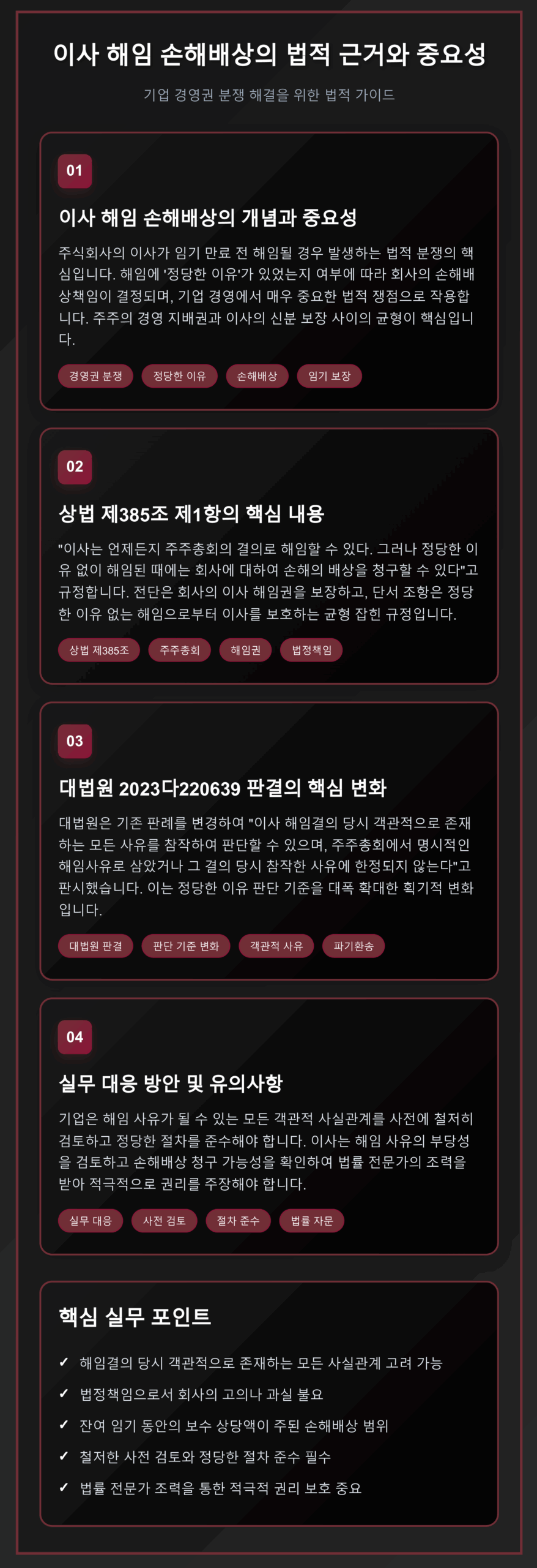 이사 해임시 손해배상 의무에 관한 법적 쟁점과 대법원 2023다220639 판결의 핵심 내용을 시각화한 인포그래픽. 상법 제385조 제1항의 해석, 정당한 이유 판단기준의 변화, 실무진을 위한 대응방안을 체계적으로 정리한 법무 가이드라인