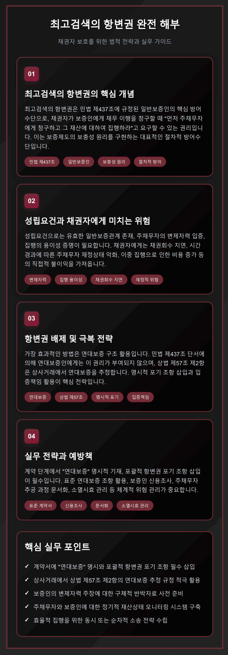 최고검색의 항변권 개념과 성립요건, 채권자 위험요소, 대응전략, 실무 예방방안을 체계적으로 설명한 법무 가이드 인포그래픽