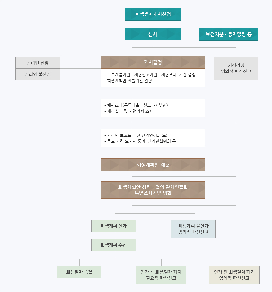 법인회생 절차 흐름도 - 회생절차개시신청부터 회생계획 인가까지의 전체 과정을 단계별로 도식화한 상세 안내도